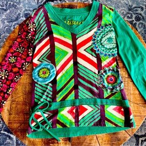 Desigual Green and Colorful Appliqué Top-Size Medium